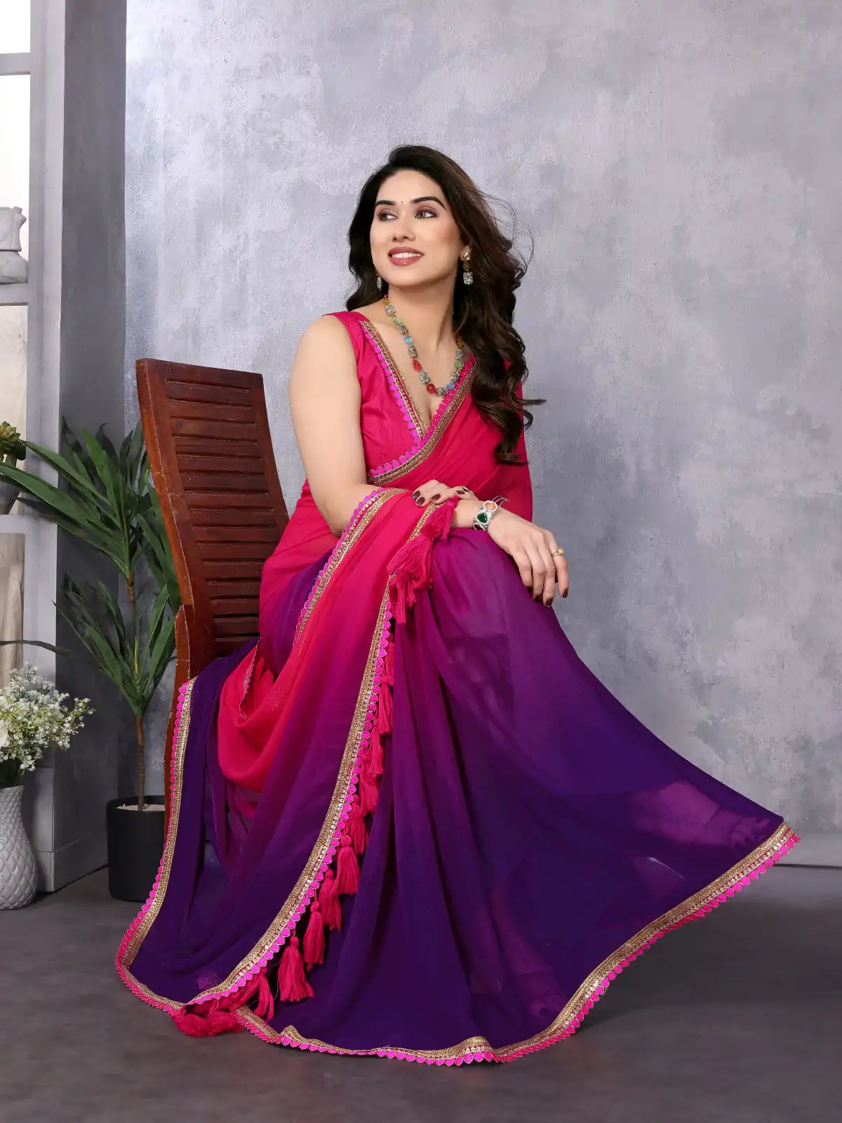 Attractive In Magenta Color Faux Peding Georgette Party Wear Saree - Image 2