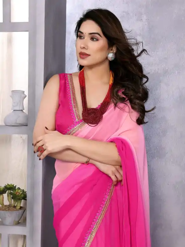 Attractive In Rose Pink Color Faux Peding Georgette Party Wear Saree