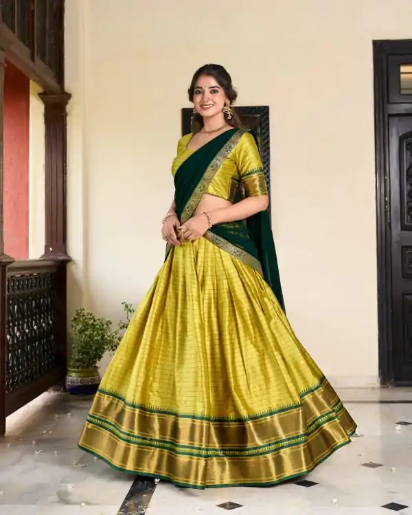 Graceful Parrot Green Color Cotton Silk Weaving Paithani Lehenga Choli