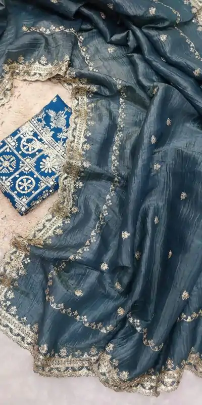 Amazing Blue Color Georgette With Embroidery Work Saree