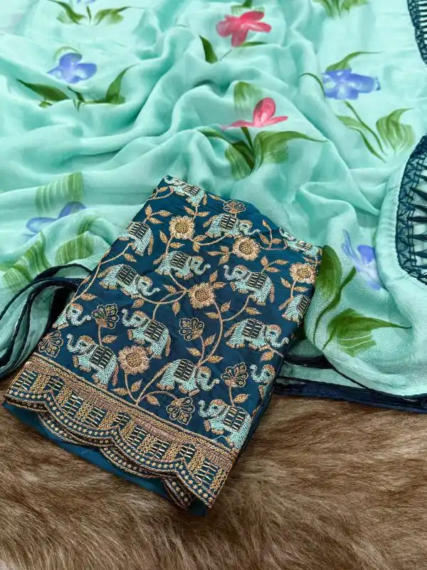Complex Sky Blue Color Georgette Embroidery Sequence Saree