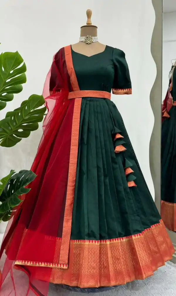 Magical Green Color Jequed Silk Four side lace broder Plain Gown