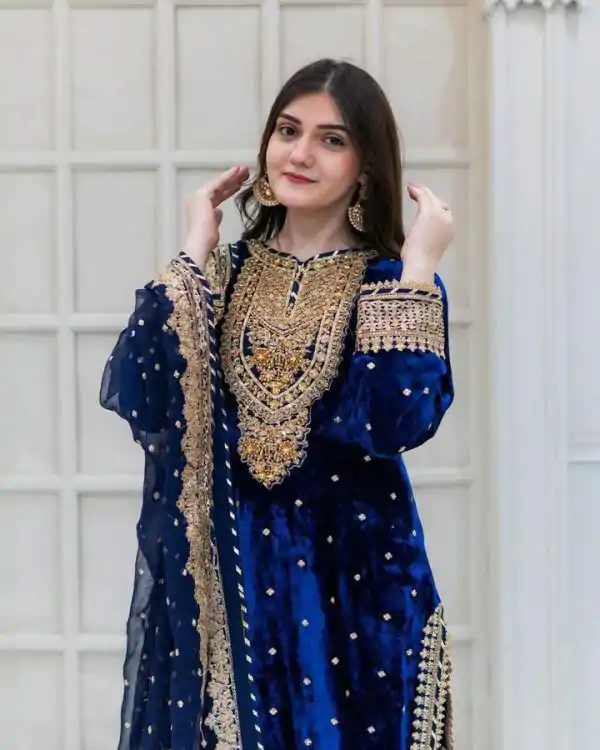 Majestic Blue Color Velvet Georgette Embroidery Sequence Salwar Suit