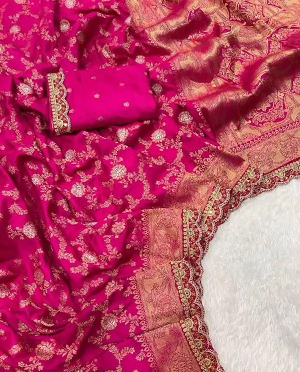 Amazing Pink Color Jacquard Weaving With Embroidery Cording Lace Saree