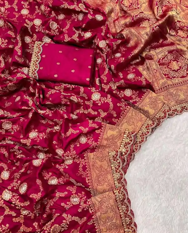 Amazing Red Color Jacquard Weaving With Embroidery Cording Lace Saree