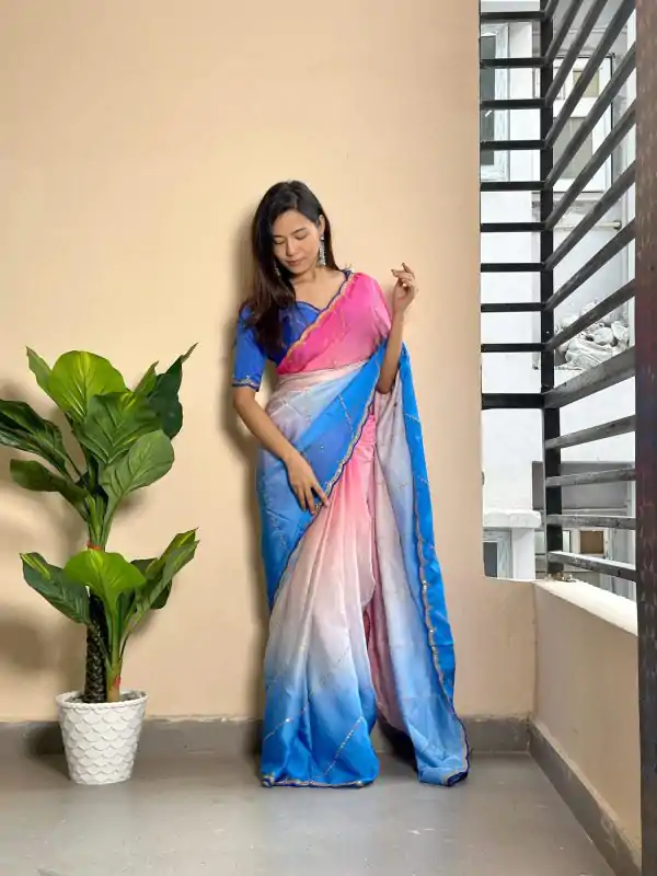 Beautiful Blue Color Soft Georgette Satin With Digital Print Embroidery Work Saree