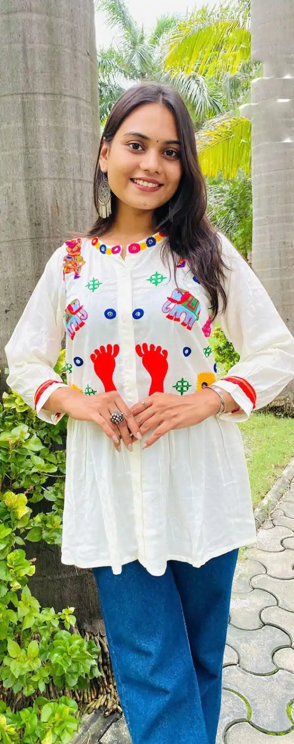 Milky White Color Cotton Flex and Rayo Embroidery Work Kurti