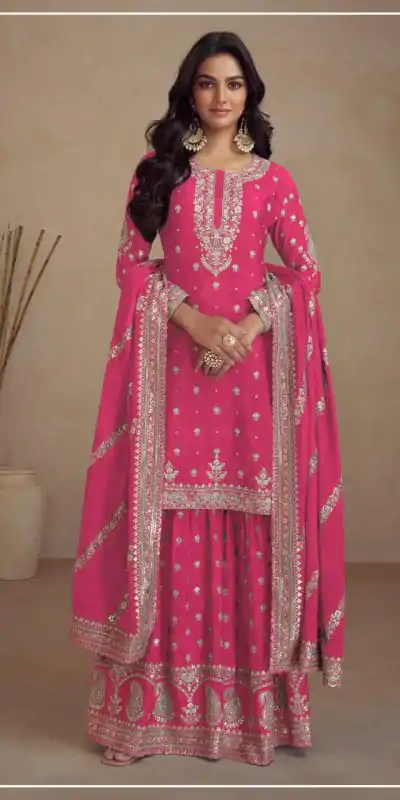 Classic Pink Color Heavy Semi Chinon Silk Codding Embroidery Salwar Suit
