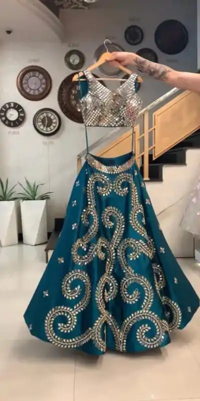 Exciting Peacock Blue Color Taffeta Silk Original Glass Mirror Work Lehenga