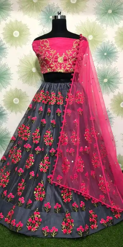 Fantastic Grey Color Zari Dorii Embroidery Net Lehenga Choli