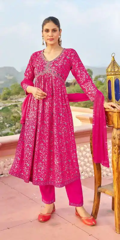 Fantastic Dark Pink Color Rayon Alia Cut With Embroidery Work Kurti