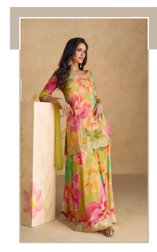 Perfect Pink Color Chinon Printed Embroidery Work Sharara Suit
