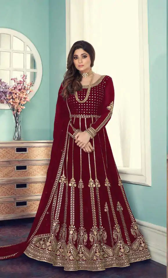 Shiny Red Color Georgette Codding Sequence Embroidery Work Anarkali Gown