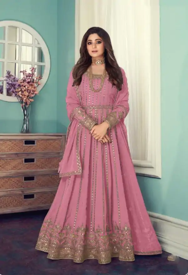 Special Pink Color Georgette Codding Sequence Embroidery Work Anarkali Gown