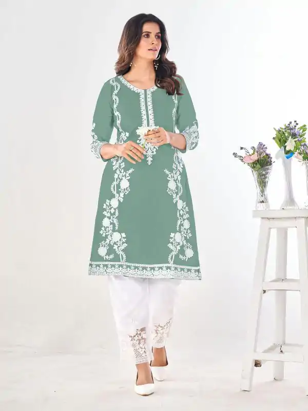 Superb Pista Green Color Georgette and Heavy Embroidery work Kurti With Pant