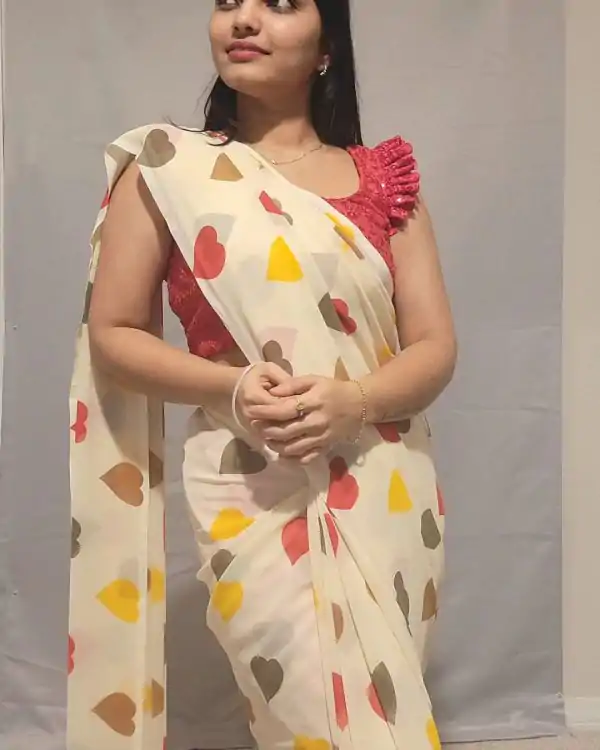 Amazing Half White Color Soft Georgette Silk Digital Print Heart Design Ready To Wear Saree