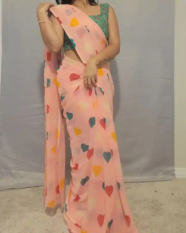 Amazing Peach Color Soft Georgette Silk Digital Print Heart Design Ready To Wear Saree