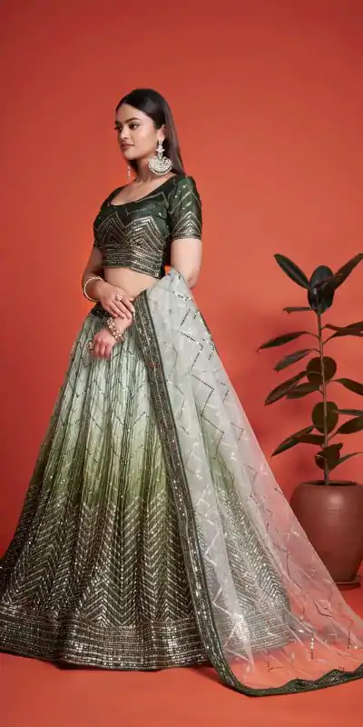 Beautiful Green Color Chinon Embroidery and Sequins Lehenga Choli