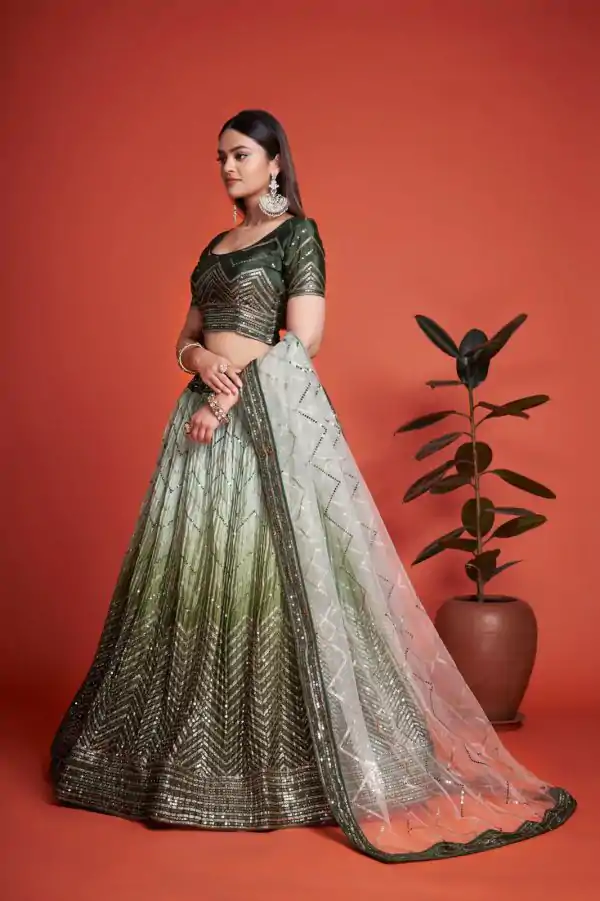 Beautiful Green Color Chinon Embroidery and Sequins Lehenga Choli