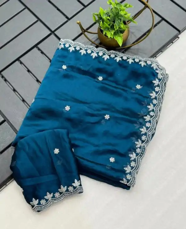 Beautiful Peacock Blue Color Rangoli Chiffon Embroidery Cut Work Saree