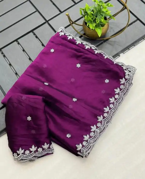 Beautiful Wine Color Rangoli Chiffon Embroidery Cut Work Saree