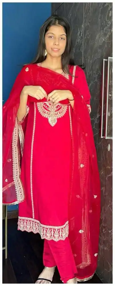 Fantastic Red Color Chinnon Cording Sequences Embroidery Work Salwar Suit