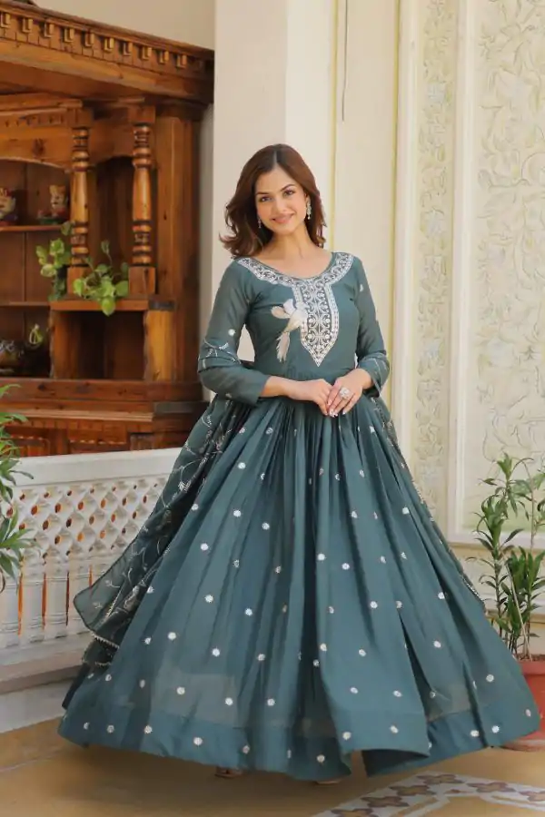 Glowing Grey Color Star Georgette Sequence Embroidery Work Anarkali Gown