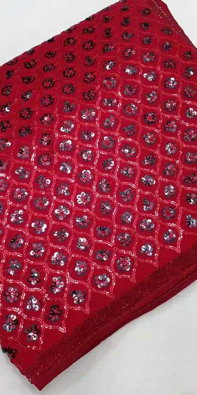 Glowing Red Color Georgette Dual Sequins 3MM & 5MM Embroidery Sequins Work Saree