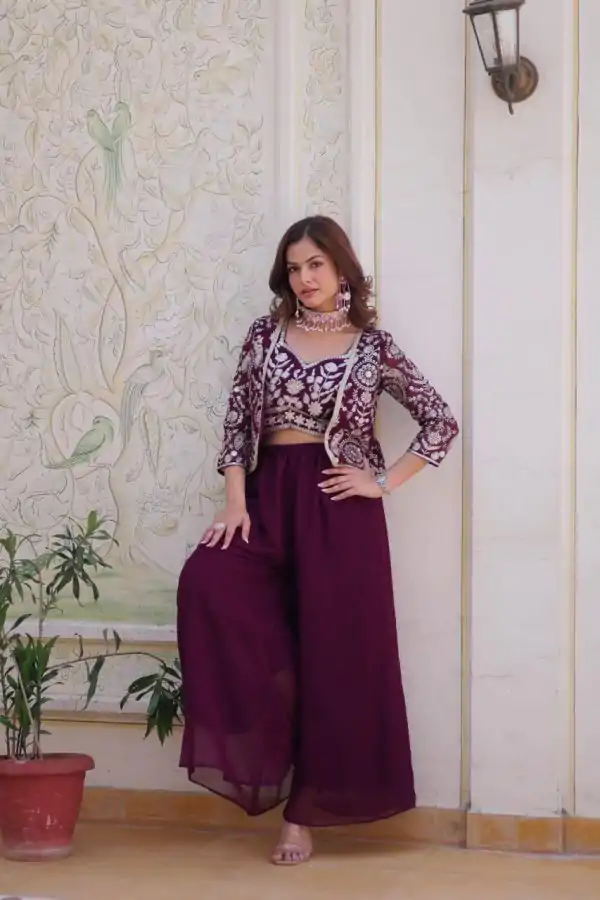 Magical Wine Color Fox Georgette Embroidery Lace Work Anarkali Gown