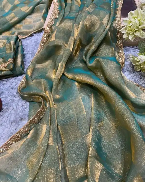 Pretty Green Color Fendi Chiffon Pattern Hand Work Lace Saree