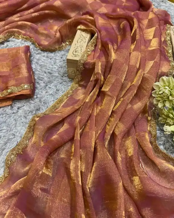 Pretty Peach Color Fendi Chiffon Pattern Hand Work Lace Saree