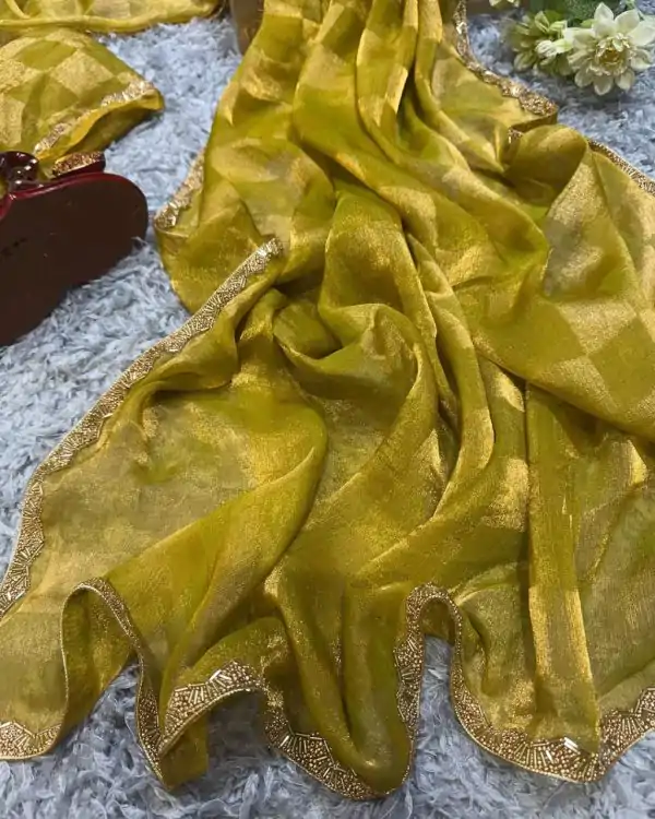 Pretty Yellow Color Fendi Chiffon Pattern Hand Work Lace Saree
