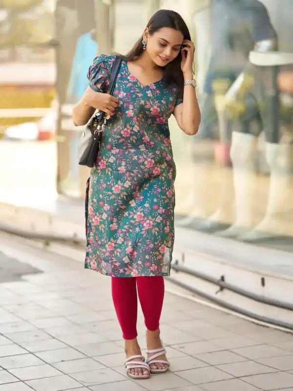 Superb Blue Color Simmer Silk Office Wear Printed Kurti