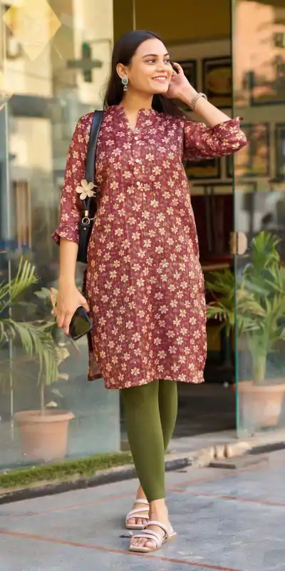 Superb Marron Color Simmer Silk Office Wear Printed Kurti