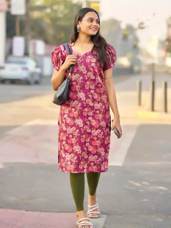 Superb Wine Color Simmer Silk Office Wear Printed Kurti