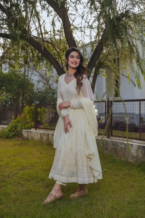 Wonderful Cream Color fox Georgette Embroidery Sequence Anarkali Gown