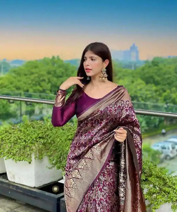 Wonderful Wine Color Soft Lichi Silk Jacquard Work On All Over Saree