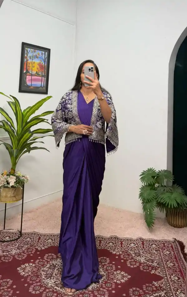 ST 1086 Purple Color Chinnon With Fully Embroidery Koti Ready To Wear Saree Wedding Party, Festive, Events Etc.4-6 Working Days@2049/- only | Gowns, Bollywood Gowns, Creative Gowns, Designer Gowns, Embroidered Gowns, Party Wear Gowns, Straight Suits