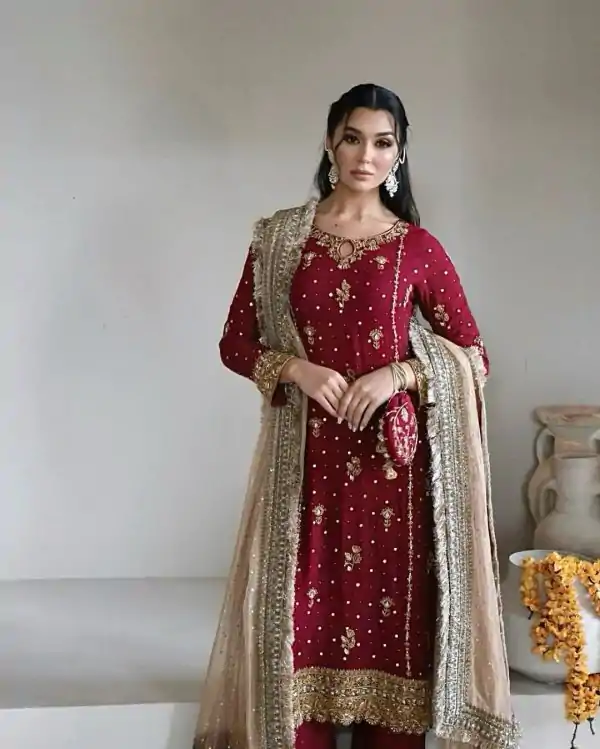 LG 1923 Red Color Faux Georgette With Sequence Handmade Moti Work Salwar Suit Casual, Wedding, Party, Festive, Events Etc.4-6 Working Days@ 2149/-only | Casual Suits, Jump Suits, Salwar suit, Creative suits, Designer Suits, Palazzo Suits, Party Wear Suits, Patiala Suits, Straight Suits