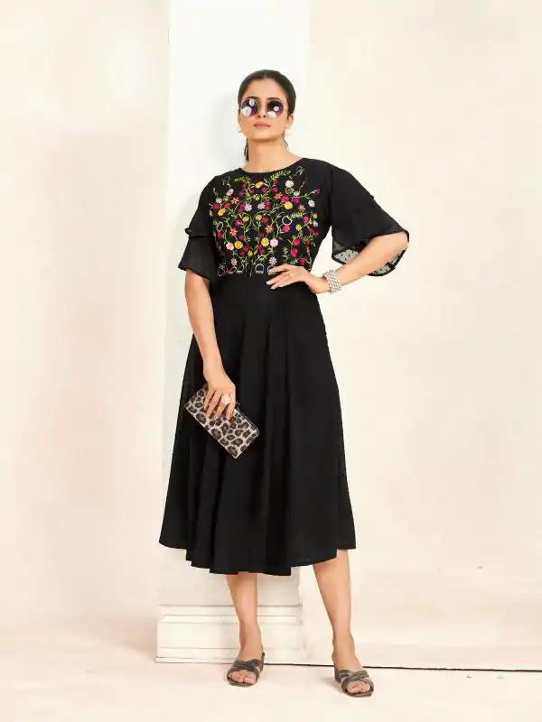 Aglow Black Color Georgette Butti Embroidery Thread Work Gown
