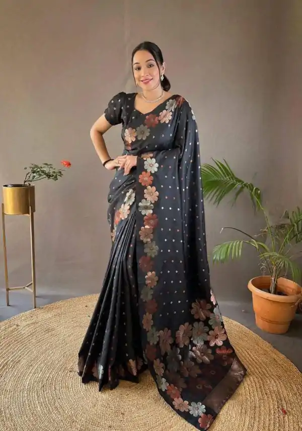 Aglow Black Color Soft Litchi Silk Kubera Pattu Saree