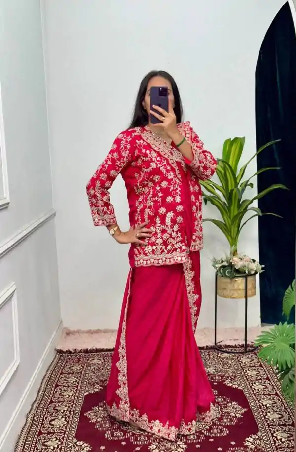 Aglow Red Color Chinon Work On Koti With Lace Border Saree