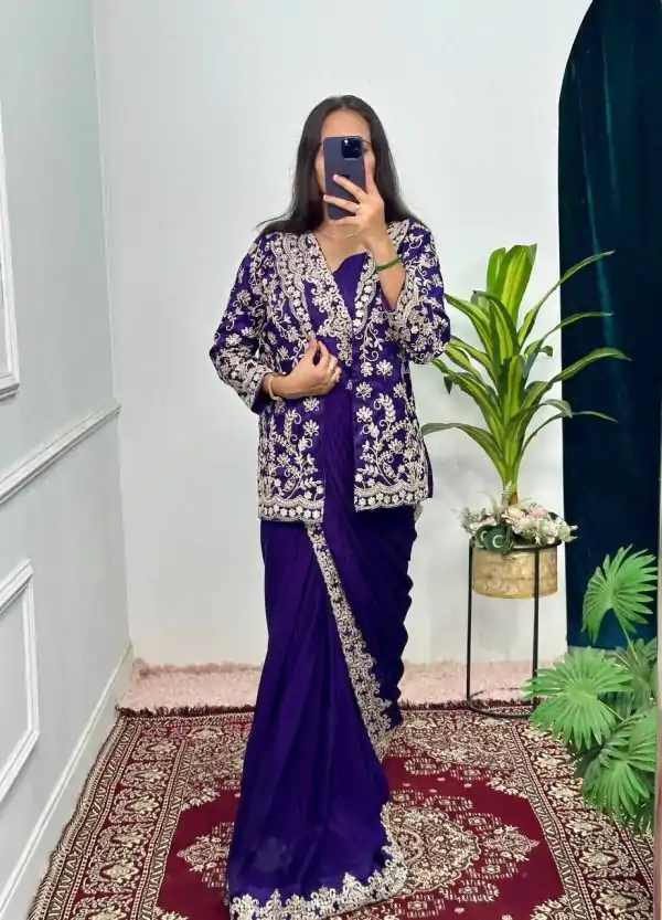 Aglow Royal blue Color Chinon Work On Koti With Lace Border Saree