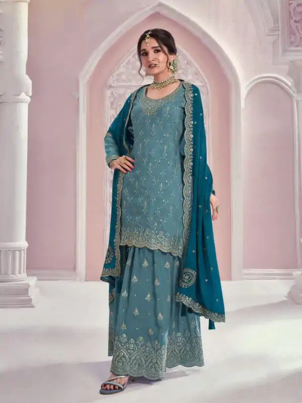 Amazing Blue Color Chinon Multi Coding Work Salwar Suit