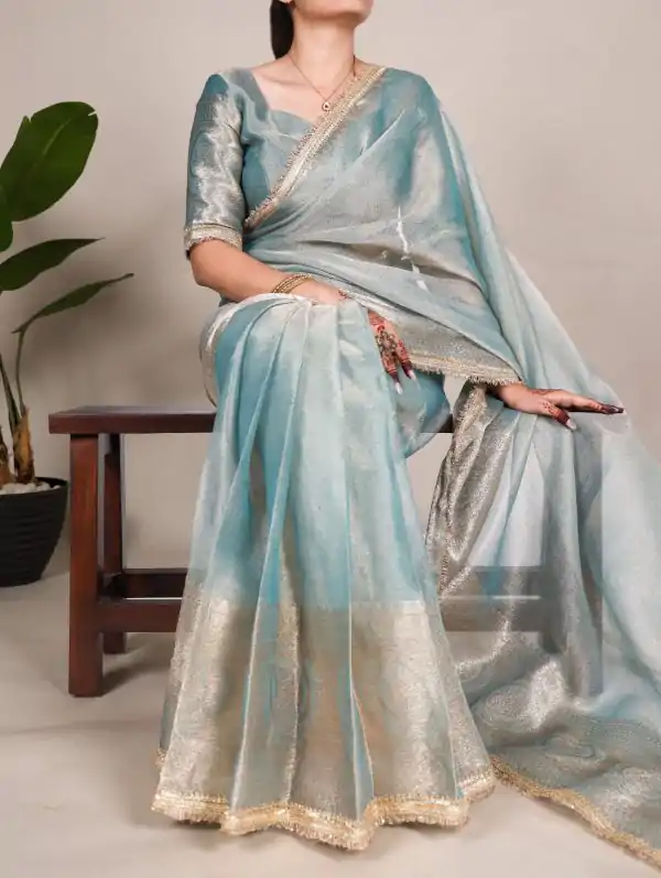 Attractive Blue Color Tissue Shimmer Zari Weaving Work Saree