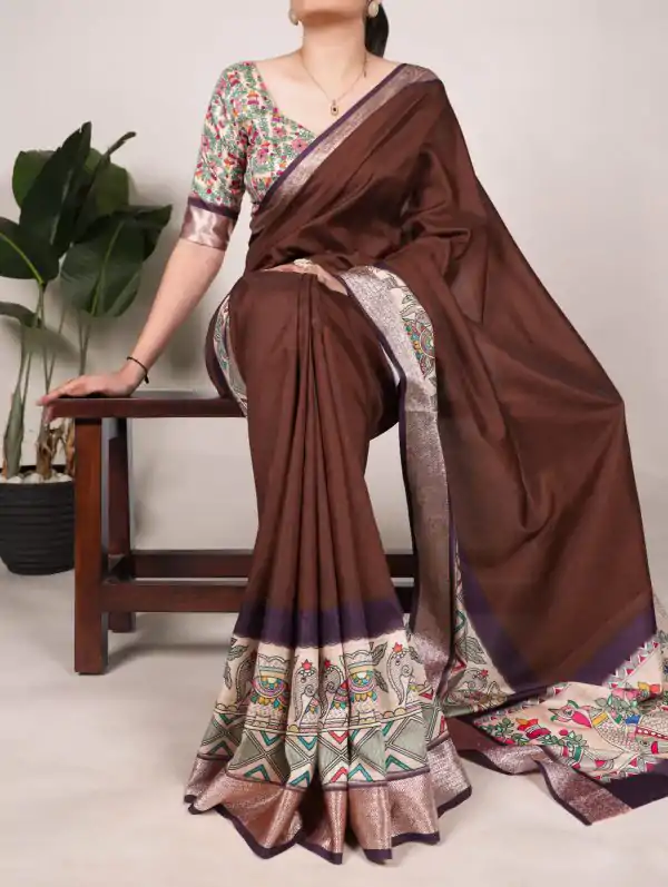 Attractive Coffee Color Tussar Silk With Viscose Border Printed Saree