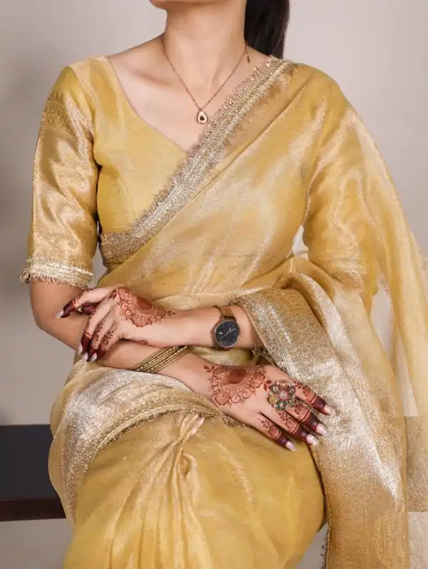 Attractive Gold Color Tissue Shimmer Zari Weaving Work Saree