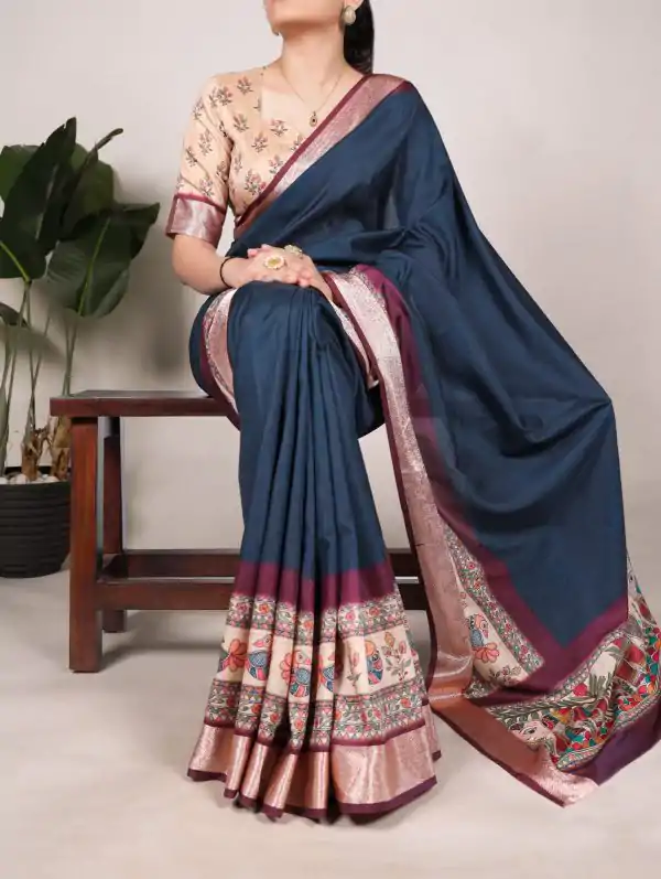 Attractive Navy Blue Color Tussar Silk With Viscose Border Printed Saree