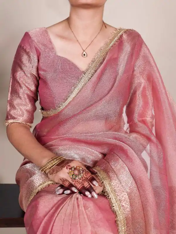 Attractive Pink Color Tissue Shimmer Zari Weaving Work Saree