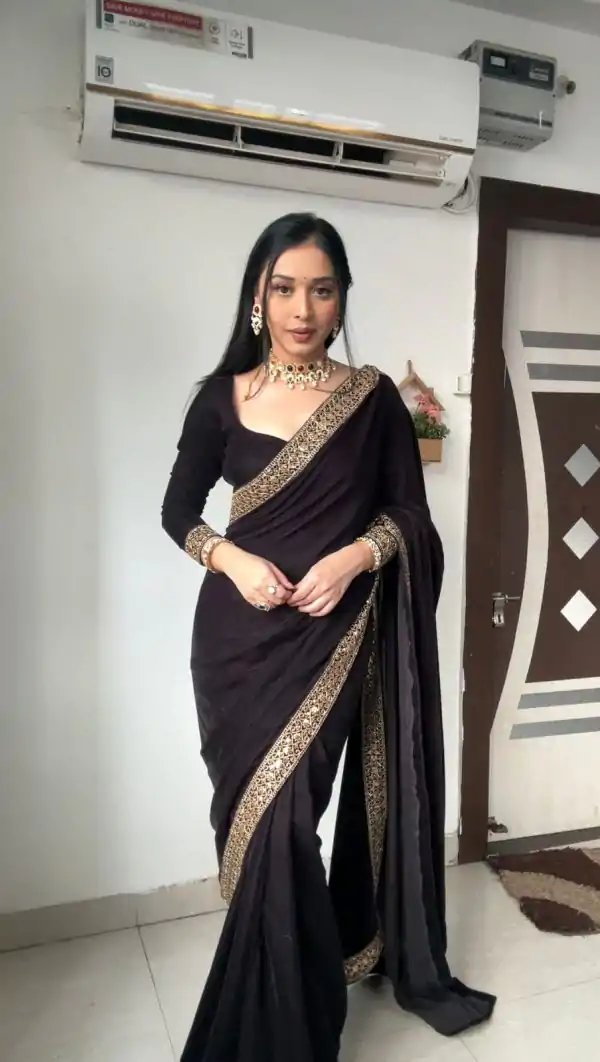 Beautiful Black Color Pure 9000 Velvet With Embroidery Lace Border Saree